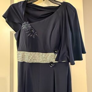 Elegant Navy One-Shoulder Evening Jumpsuit with Crystal Accent